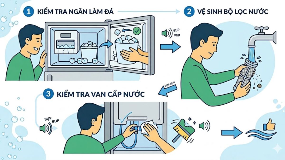 Cách khắc phục tủ lạnh kêu bụp bụp: Kiểm tra hệ thống cấp nước và làm đá