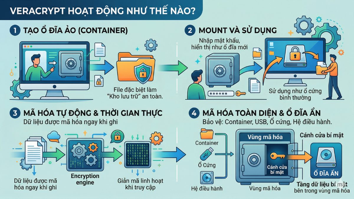 Phần mềm VeraCrypt hoạt động bằng cách mã hóa và giải mã dữ liệu 