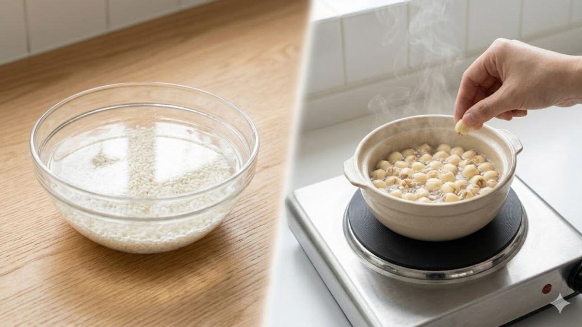 Cách nấu xôi hạt sen bằng nồi cơm điện với nước cốt dừa béo thơm bước 1