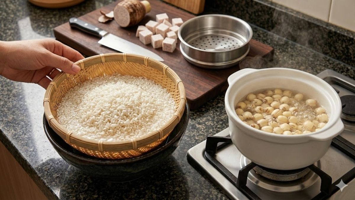 Cách nấu xôi hạt sen bằng nồi cơm điện kết hợp khoai môn bước 1