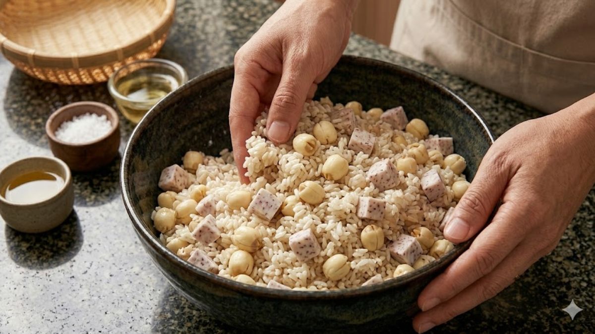 Cách nấu xôi hạt sen bằng nồi cơm điện kết hợp khoai môn bước 2