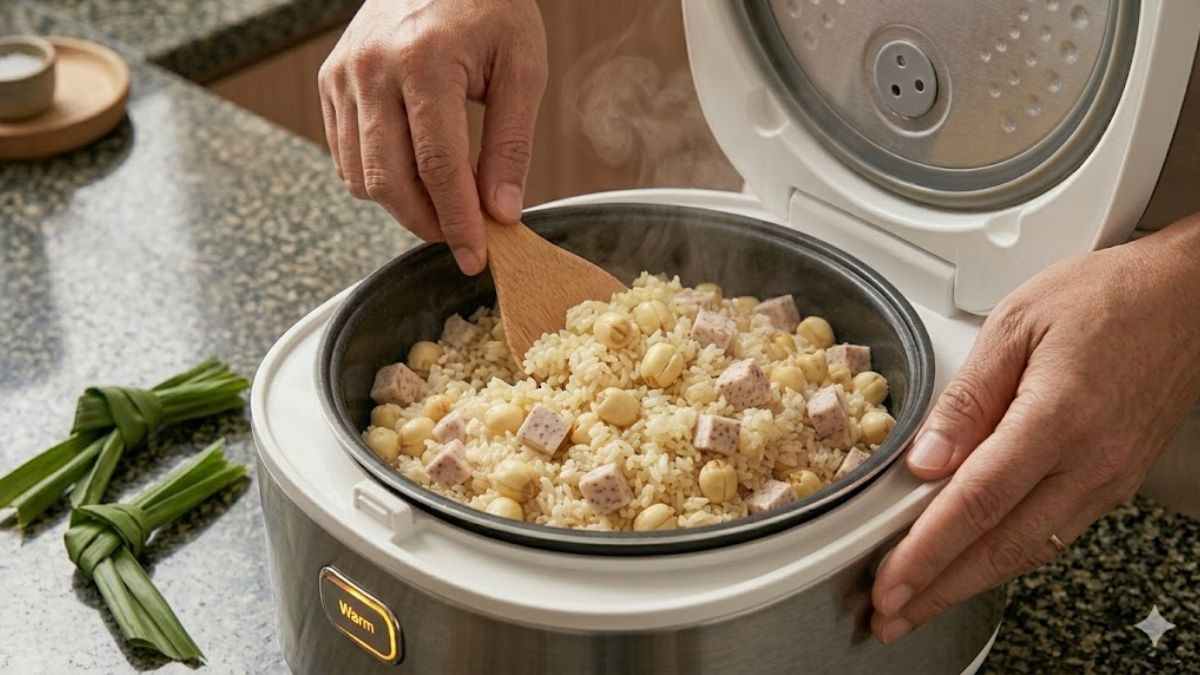 Cách nấu xôi hạt sen bằng nồi cơm điện kết hợp khoai môn bước 4