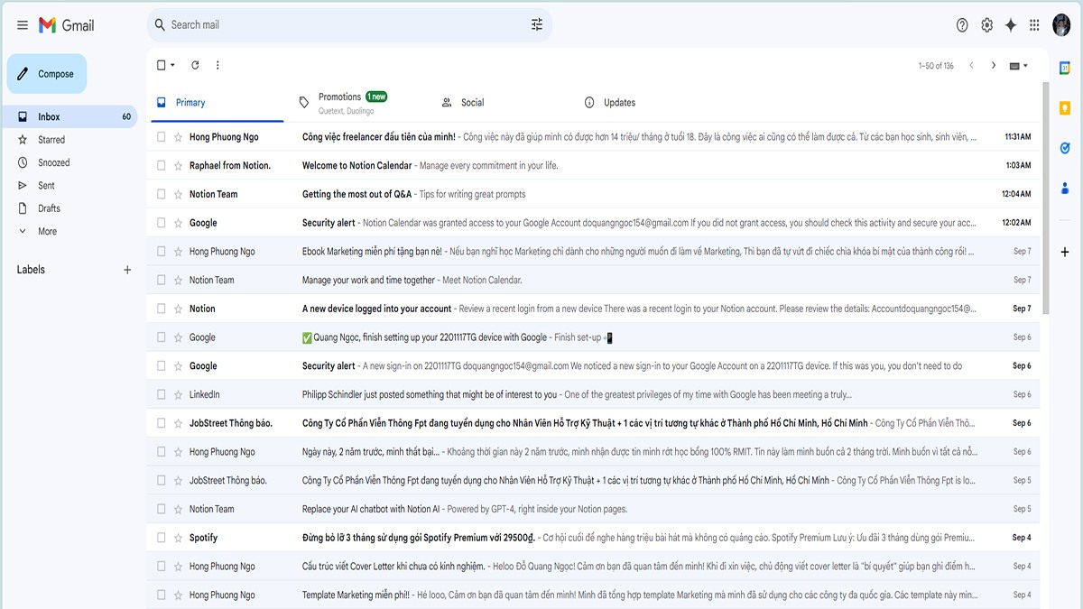 Cách tắt thông báo facebook trên gmail trong cài đặt Gmail - bước 1
