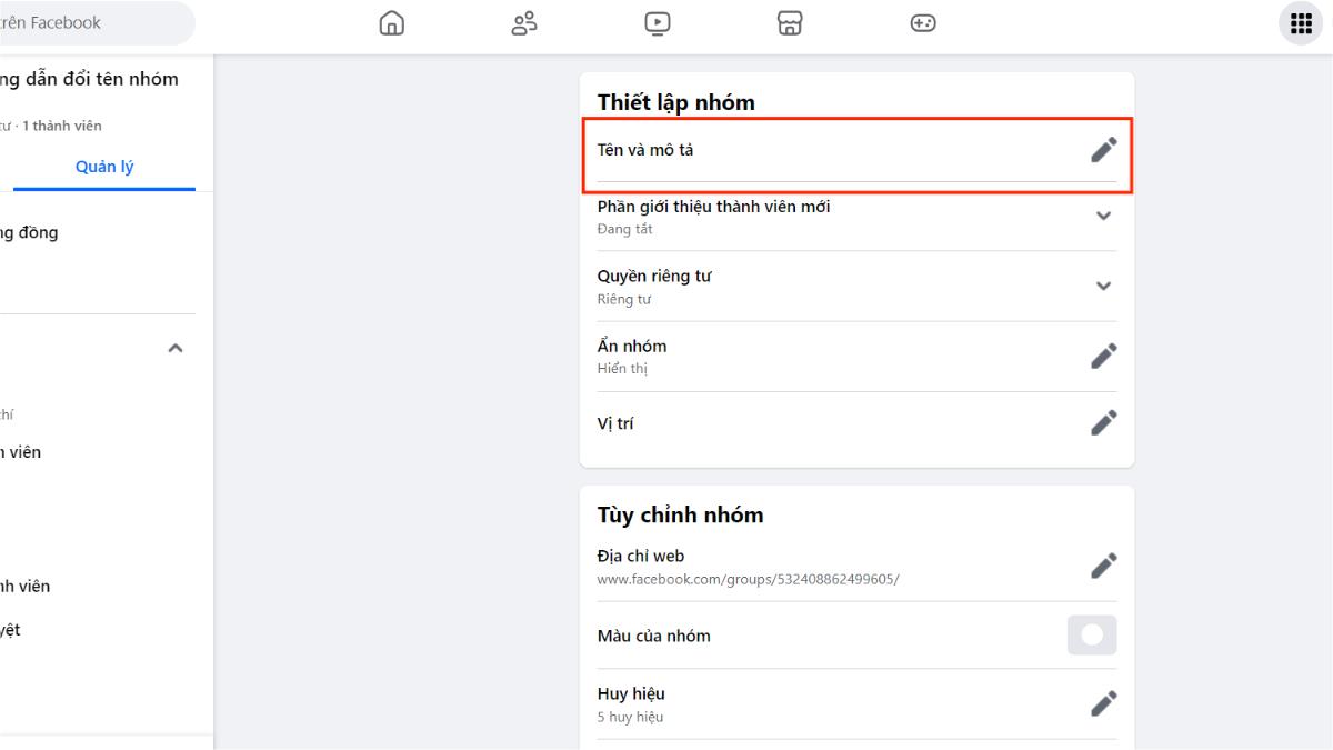 Đổi tên nhóm Facebook trên máy tính - bước 3