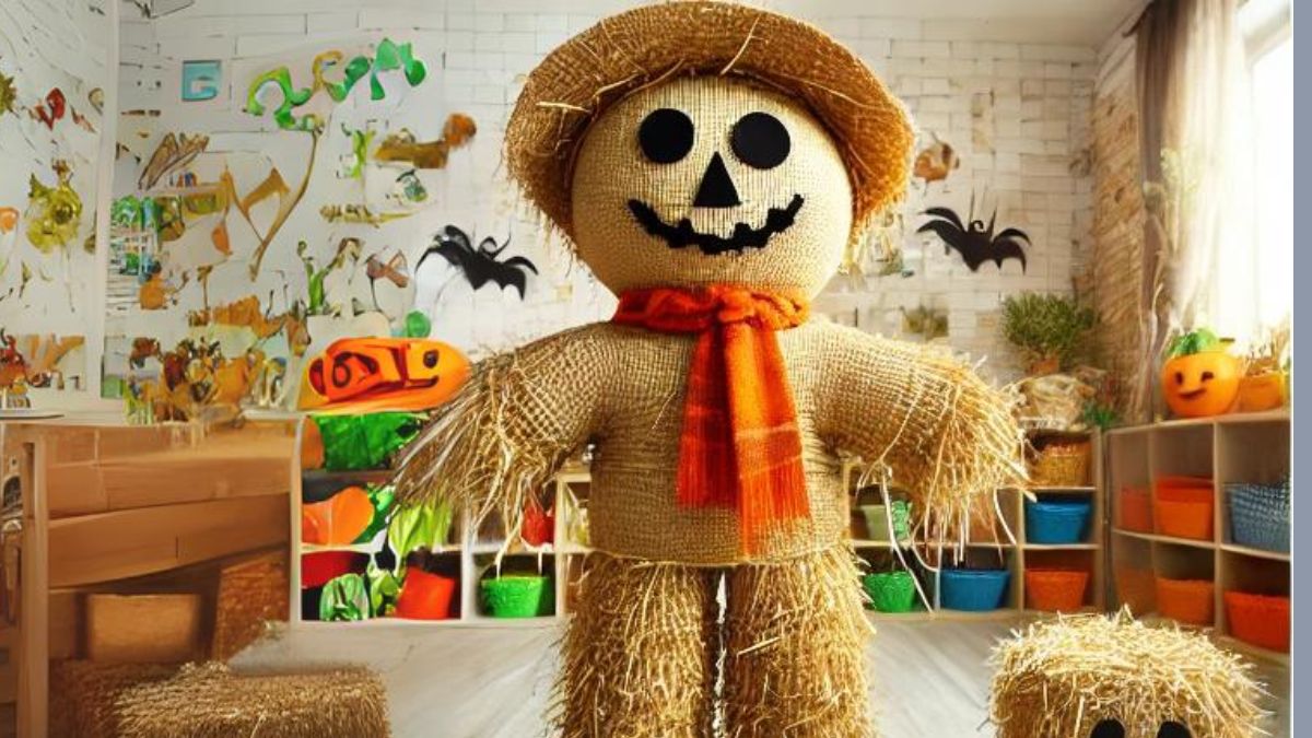 Trang trí Halloween lớp mầm non bằng rơm rạ