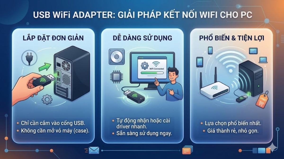 USB WiFi Adapter là thiết bị nhỏ gọn cắm trực tiếp vào máy tính