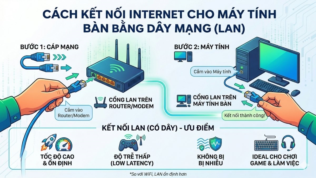Cách kết nối Internet cho máy tính bàn bằng dây mạng