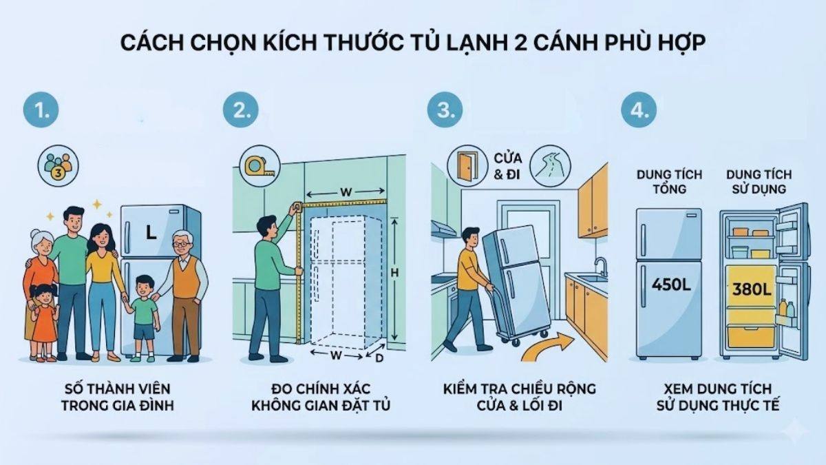 Cách chọn kích thước tủ lạnh 2 cánh phù hợp