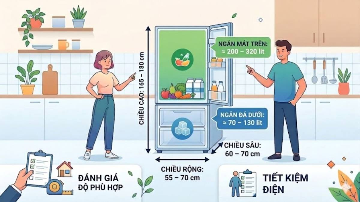 Kích thước tủ lạnh 2 cánh ngăn đá dưới