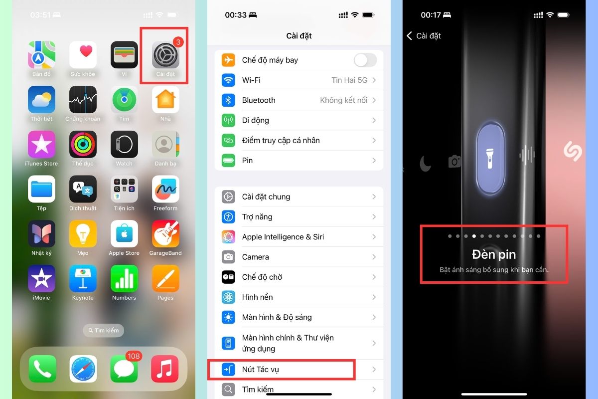 Cách tắt đèn pin trên iPhone bằng nút Tác vụ