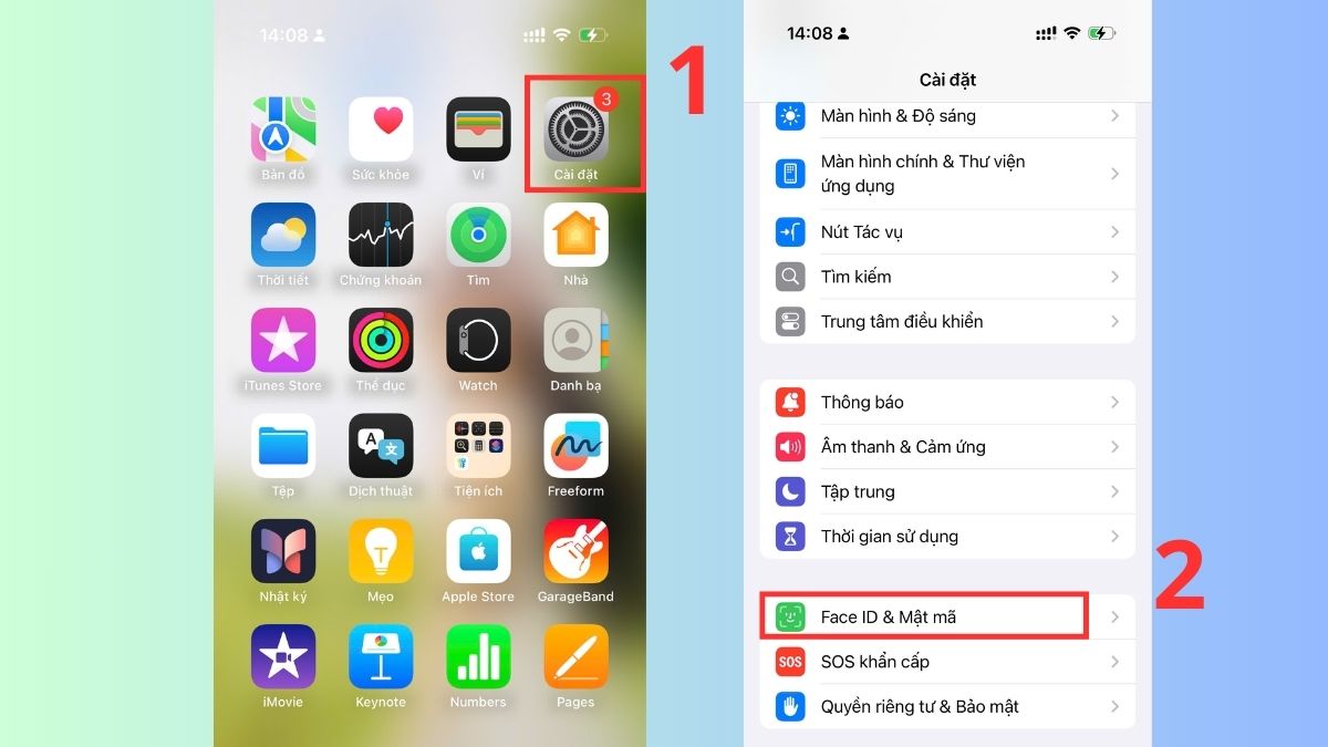 Vào Cài đặt và Chọn Face ID & Mật mã