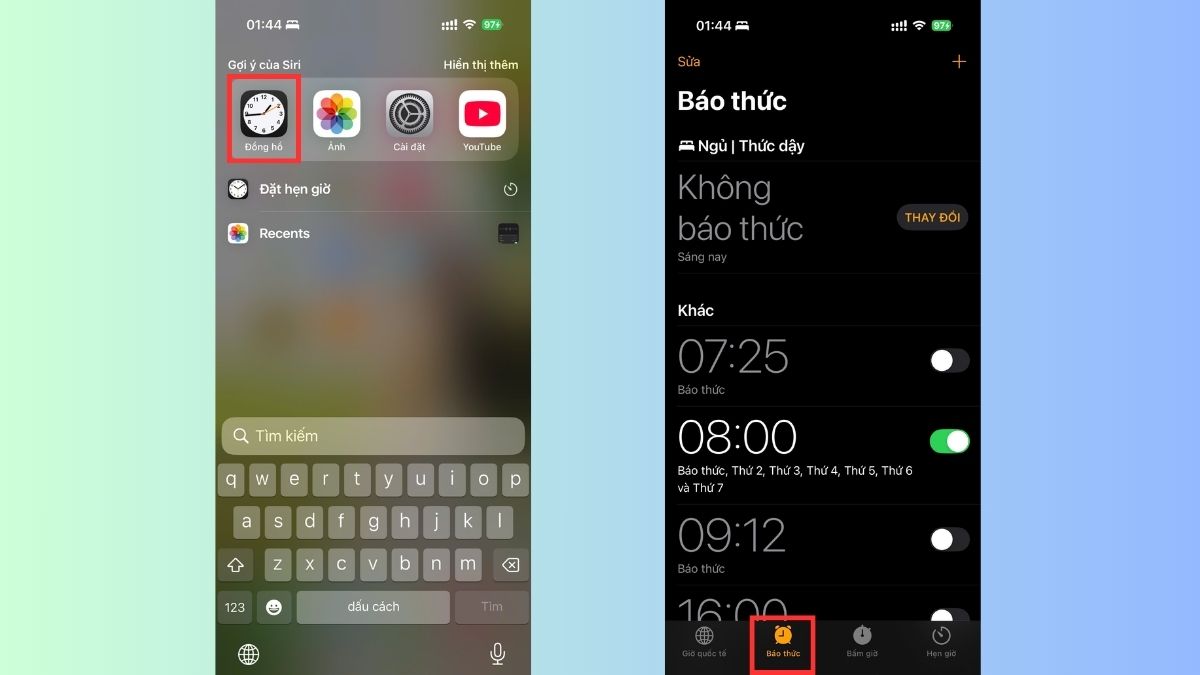 Mở ứng dụng Đồng hồ và chọn vào mục Báo thức