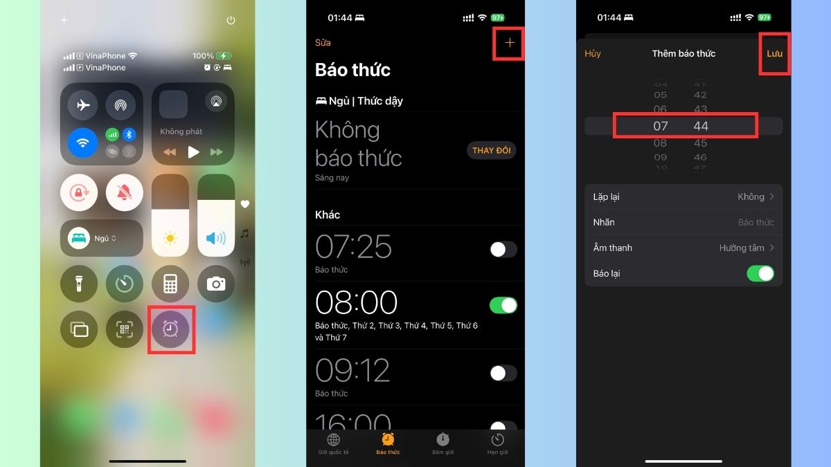 Cài báo thức qua Trung tâm điều khiển