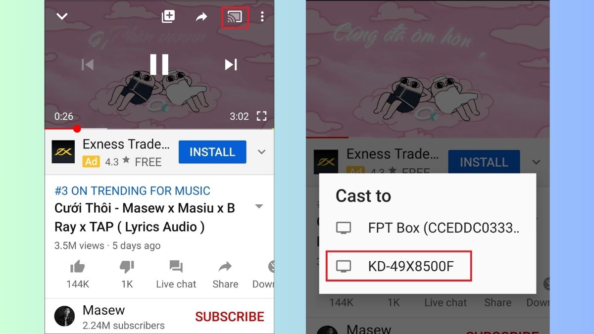 Chọn biểu tượng kết nối trên Youtube điện thoại