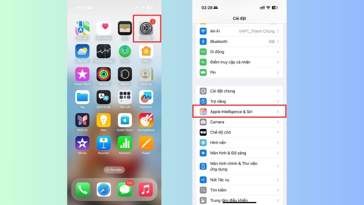 Truy cập vào Apple Intelligence & Siri trong Cài đặt