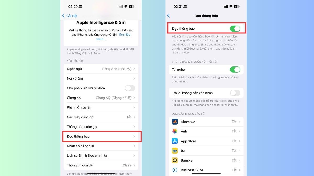 Kích hoạt tính năng đọc thông báo của Siri