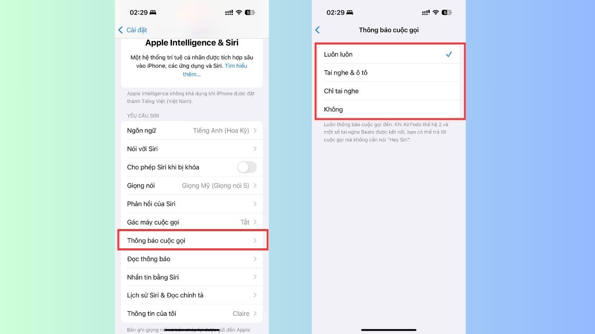 Tùy chỉnh Thông báo cuộc gọi.