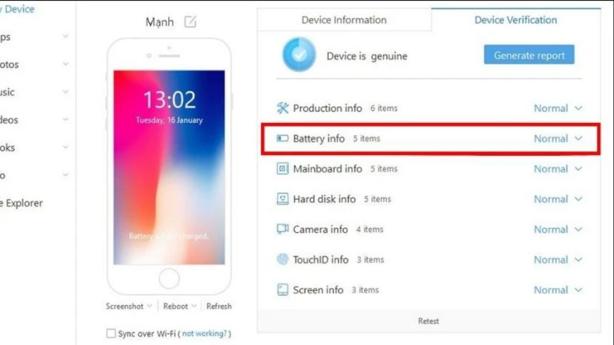 Xem tình trạng pin ở mục Battery info