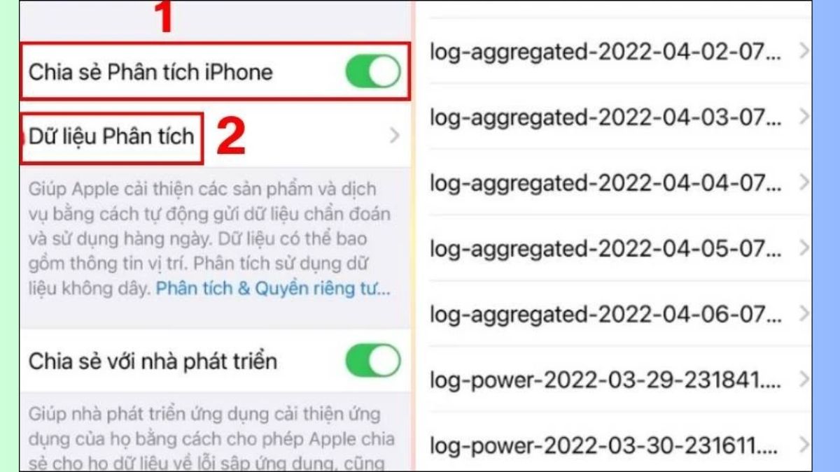 Bật chia sẻ Phân tích iPhone và chọn Dữ liệu Phân tích