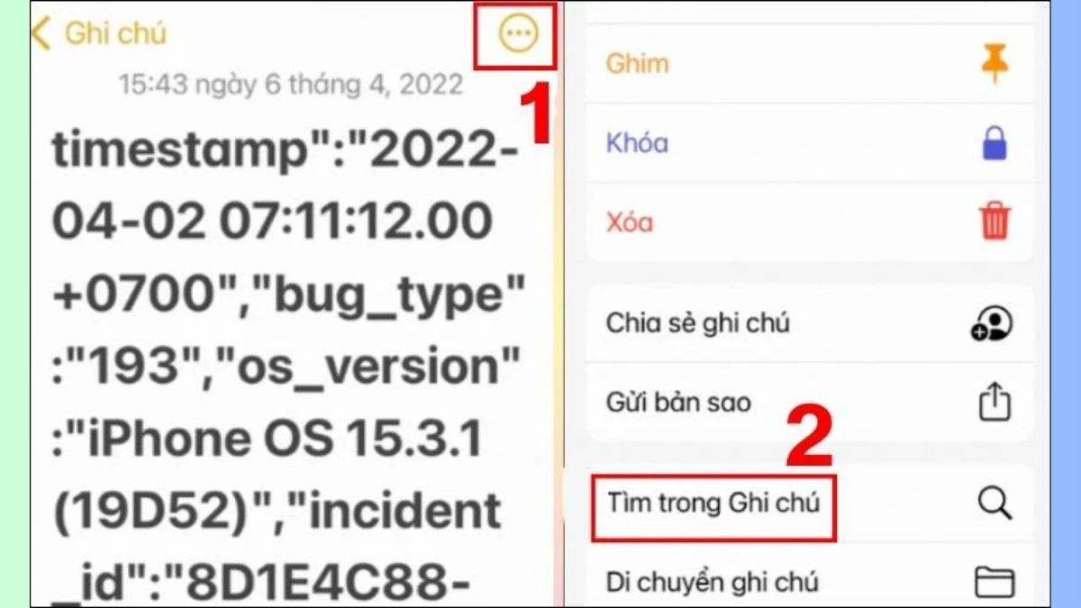 Chọn Sao chép dữ liệu và Tìm trong Ghi chú