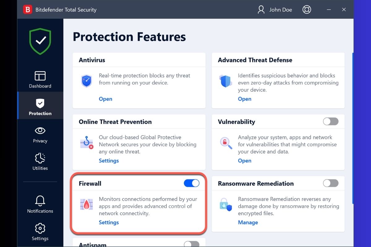 Tính năng nổi bật của Bitdefender Antivirus - tường lửa