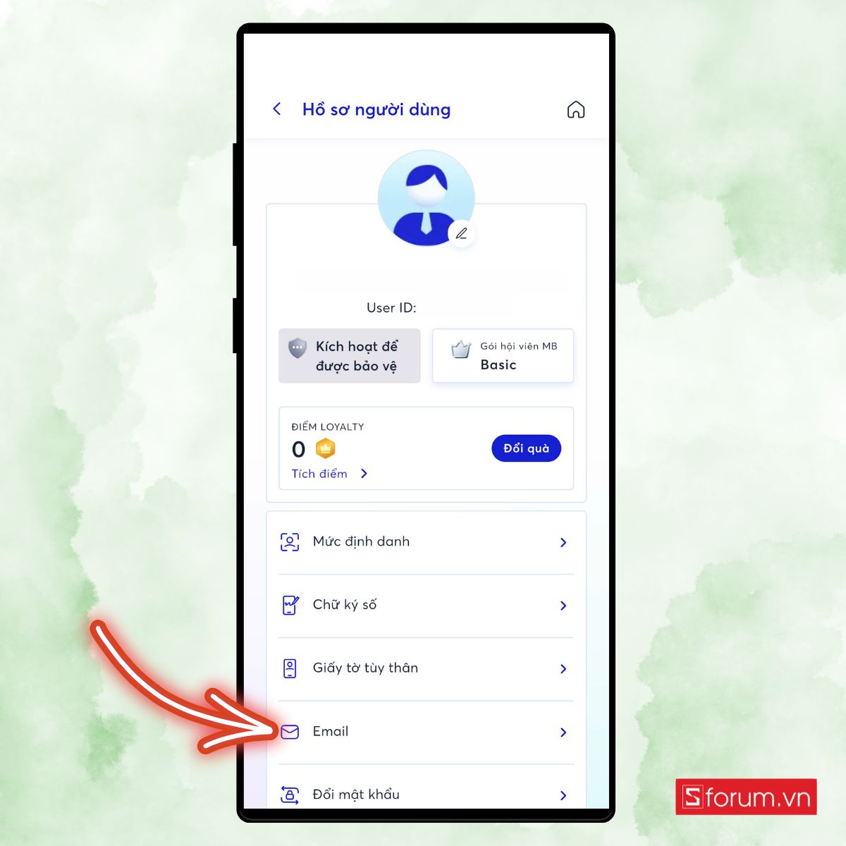Chọn phần liên kết email trong ứng dụng ngân hàng