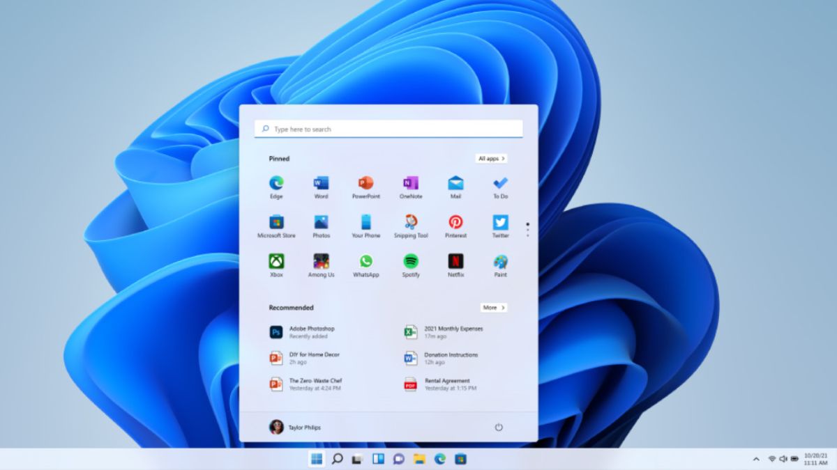 Thanh Taskbar trong Win 11 nằm ở phía dưới giữa màn hình