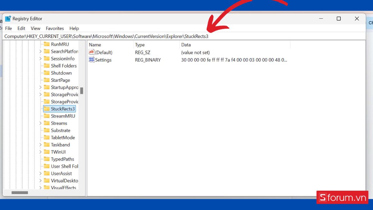 Di chuyển thanh Taskbar Win 11 bằng Windows Registry bước 2 (Hình minh họa)