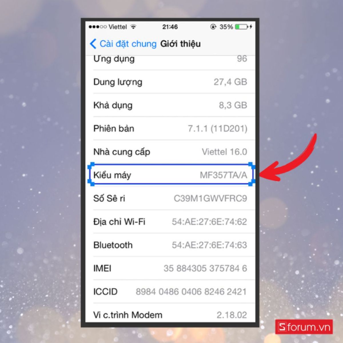 Xem chi tiết mã máy ở dòng Kiểu máy