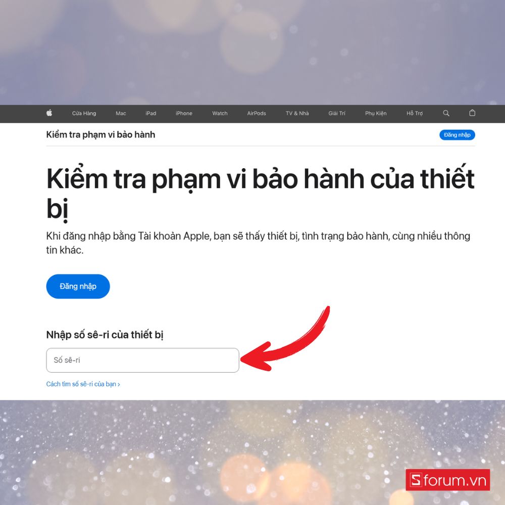 Truy cập vào web Kiểm tra thiết bị bảo hành chính hãng của Apple và nhập số Seri