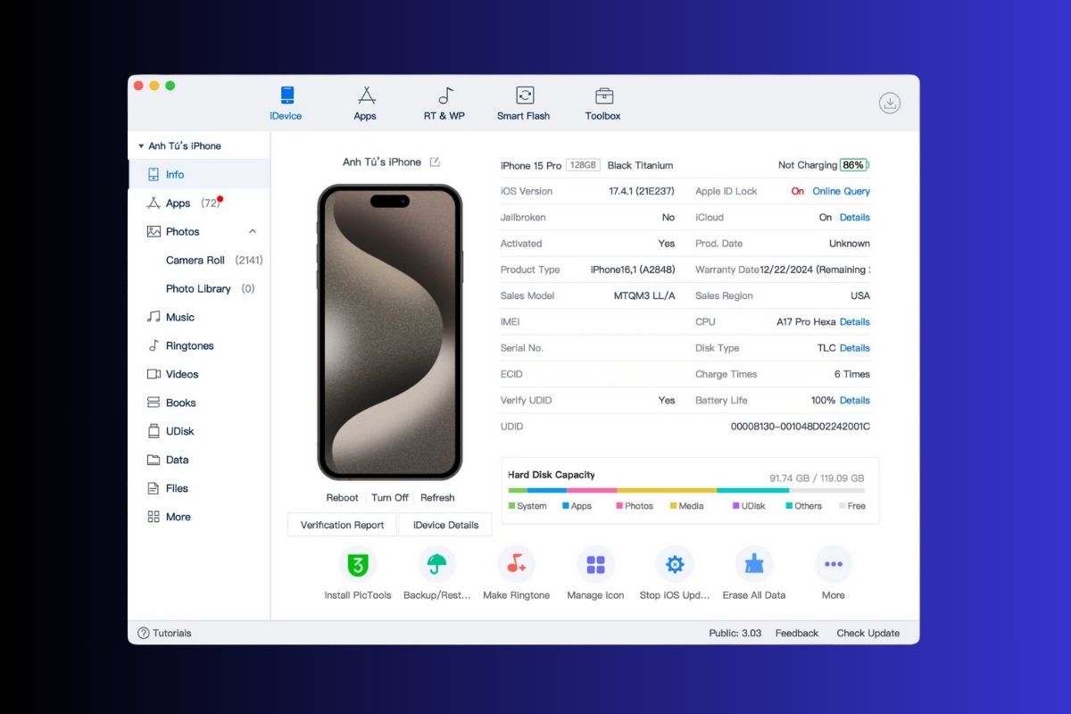 Giao diện 3uTools sau khi kết nối iPhone với máy tính thành công