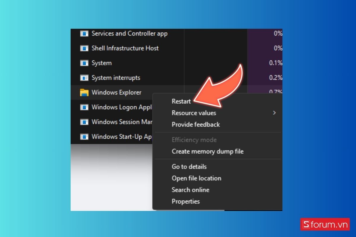 Khởi động lại trình Windows Explorer bước 2 (Hình minh họa)
