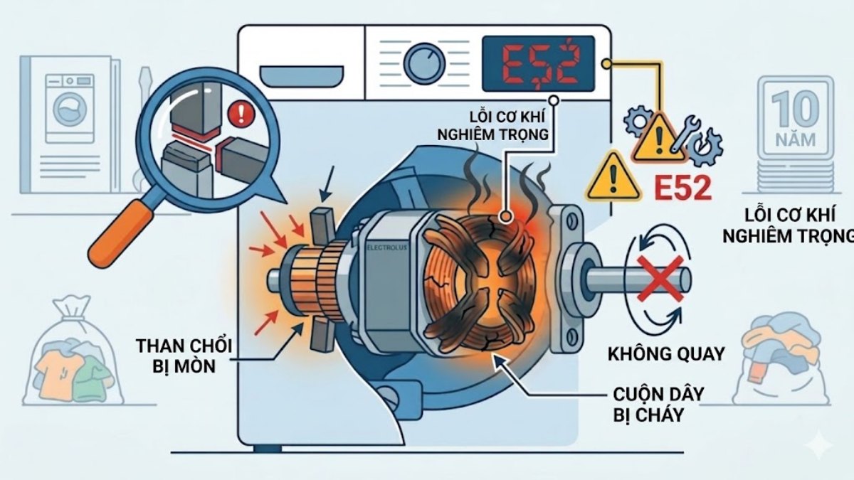 Nguyên nhân gây lỗi E52 máy giặt Electrolux - motor bị hao mòn