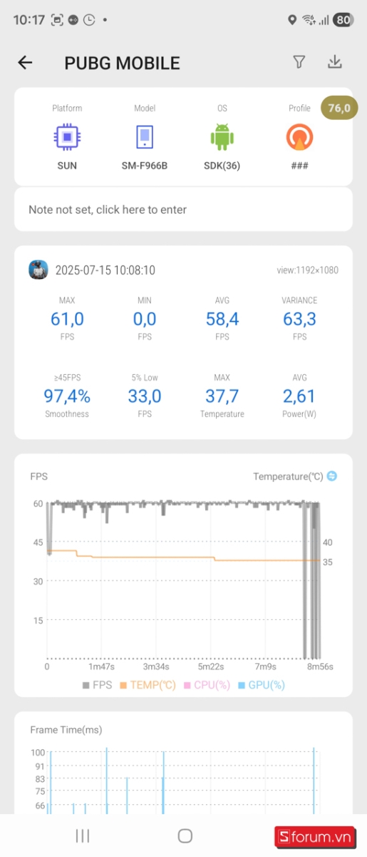Biểu đồ đo FPS PUBG Moblie của Galaxy Z Fold7