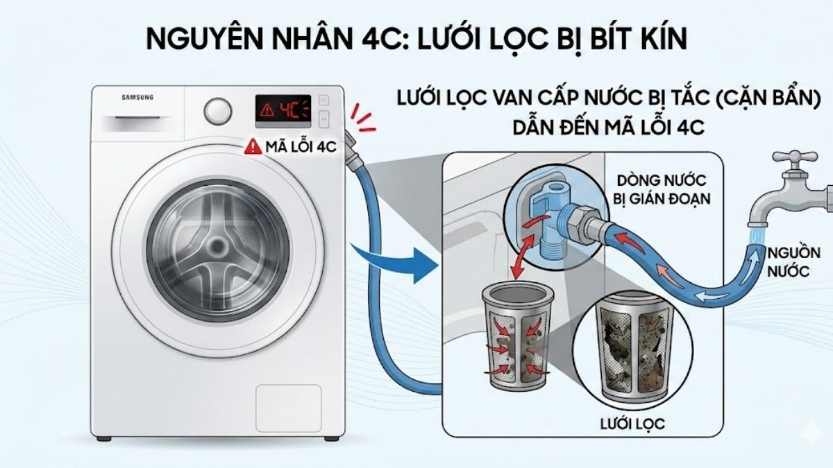 Nguyên nhân gây mã lỗi máy giặt Samsung: Lưới lọc van cấp nước bị tắc 