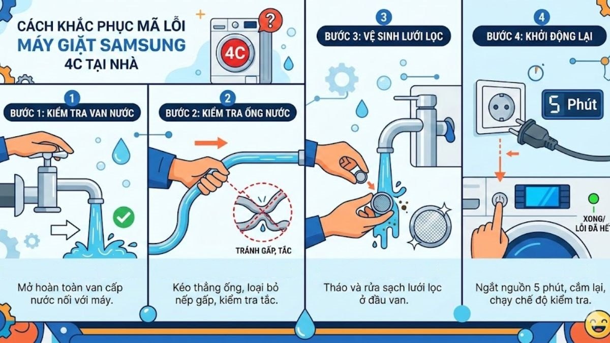 Cách khắc phục mã lỗi máy giặt Samsung 4C tại nhà