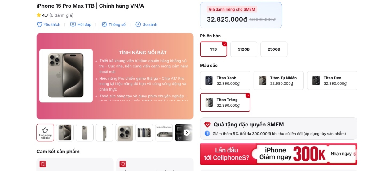 Cập nhật giá iPhone 20/10 trên mẫu iPhone 15 Pro Max