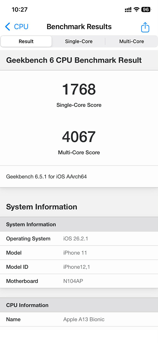 Điểm Geekbench của iPhone 11 chạy iOS 26.2.1