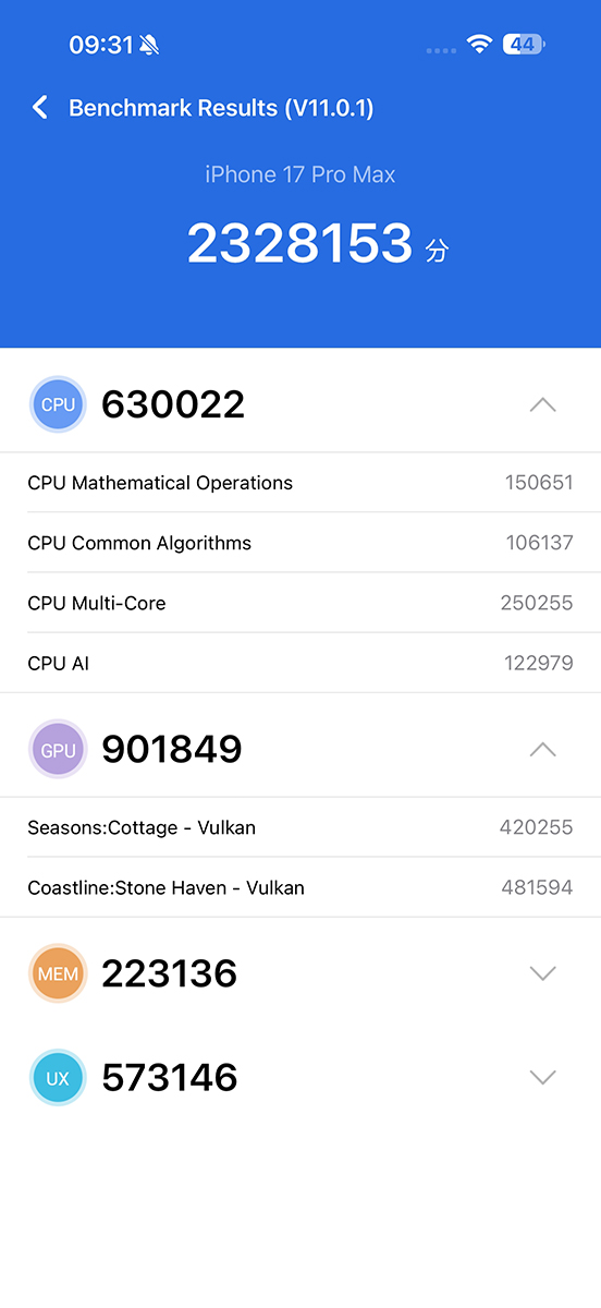 Điểm AnTuTu của iPhone 17 Pro Max chạy iOS 26.3.1