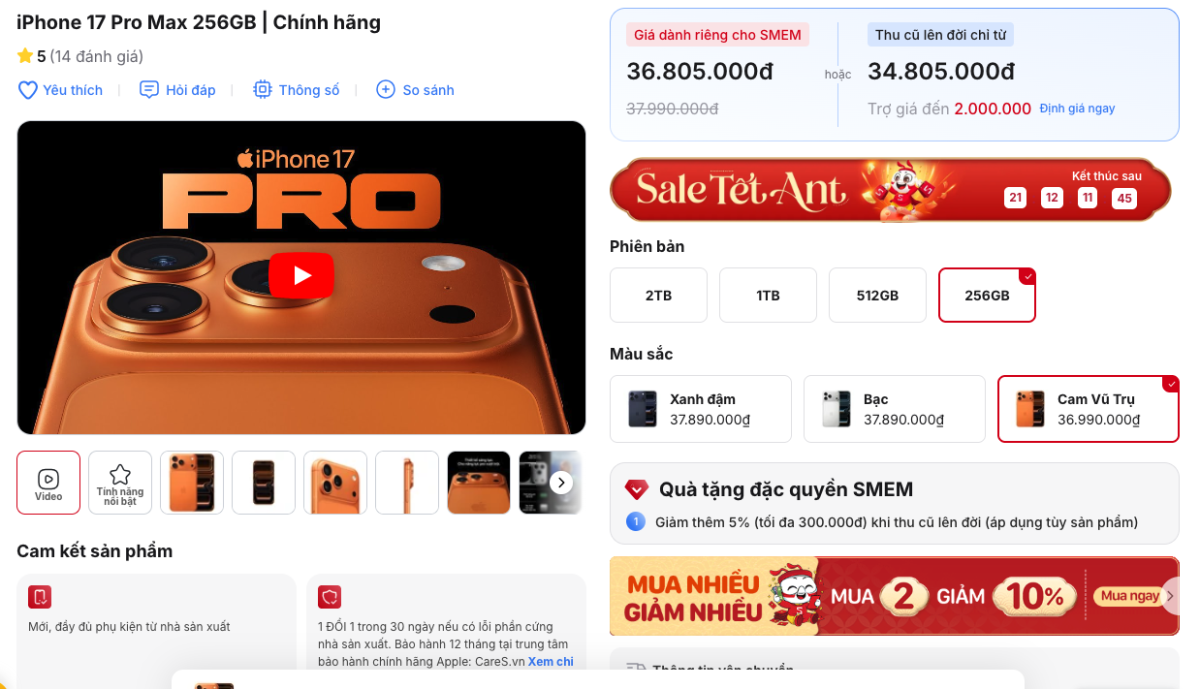 Giá iPhone 17 Pro Max bản màu Cam Vũ Trụ đang cực tốt