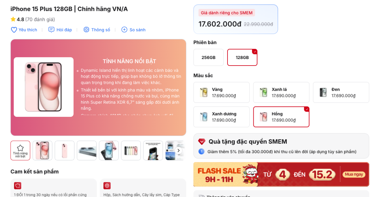 Giá iPhone 15 Plus giảm xuống dưới 18 triệu đồng