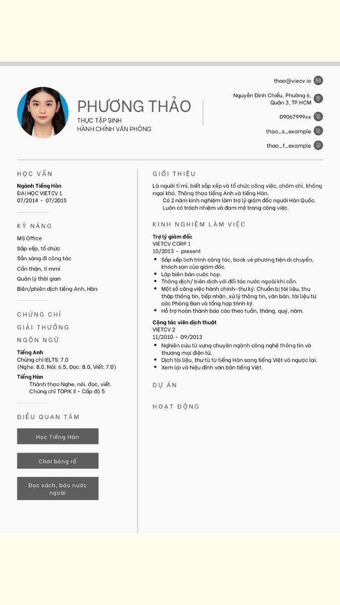 Mẫu CV cho sinh viên chưa có kinh nghiệm ngành hành chính văn phòng