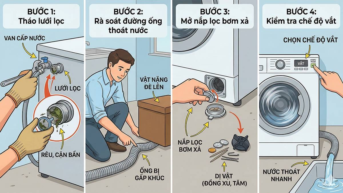hướng dẫn kiểm tra và xử lý máy giặt đang giặt bị dừng - kiểm tra đường cấp/xả nước