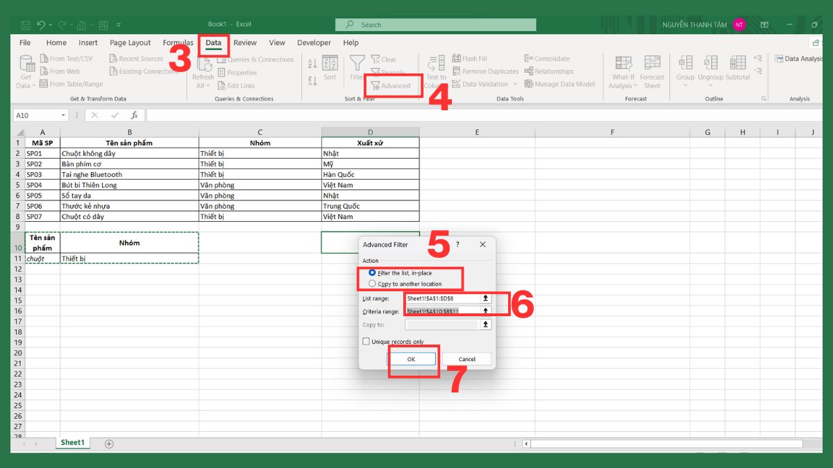 Cách dùng Advanced Filter trong Excel theo vùng điều kiện 7