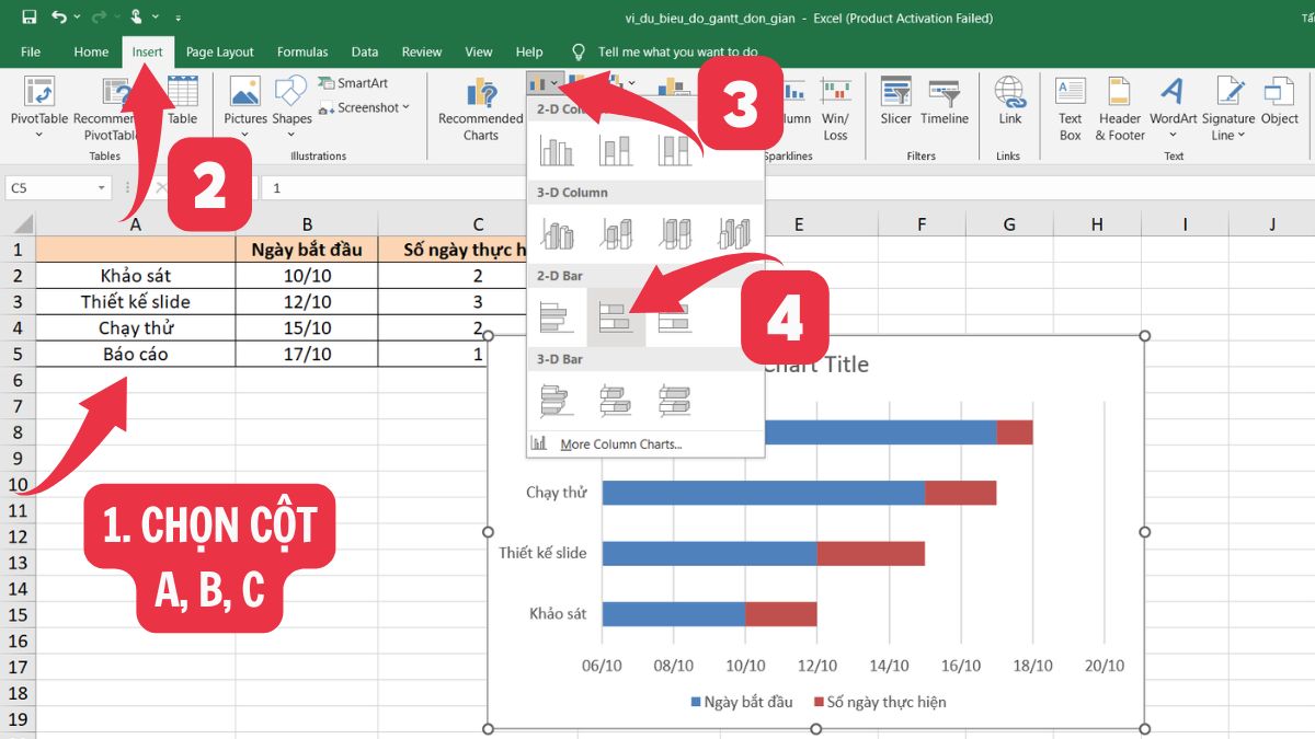 Vẽ biểu đồ Gantt trong Excel 2
