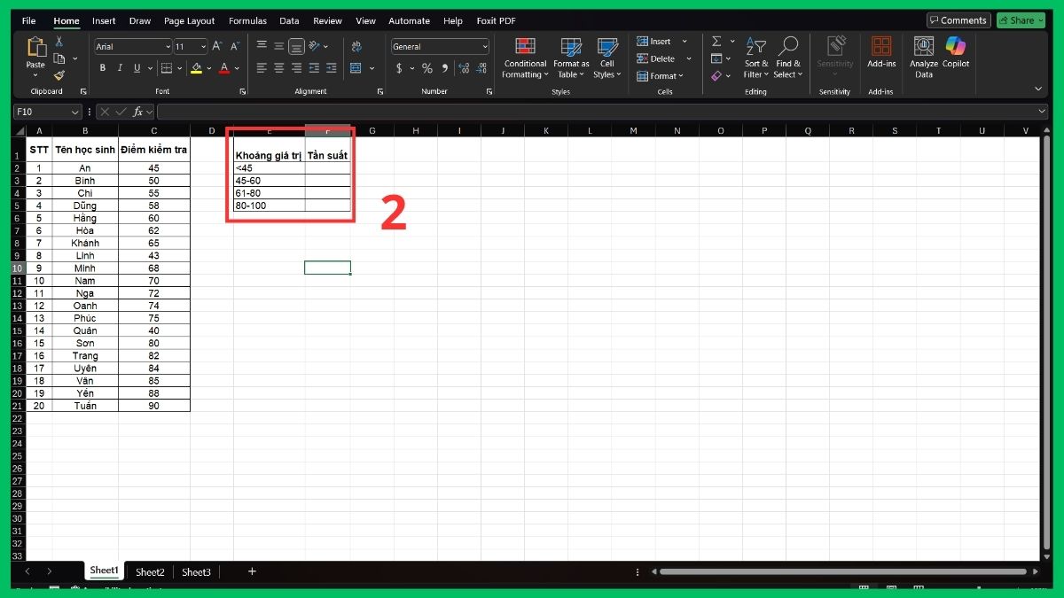 Vẽ biểu đồ Histogram bằng công thức Excel 2