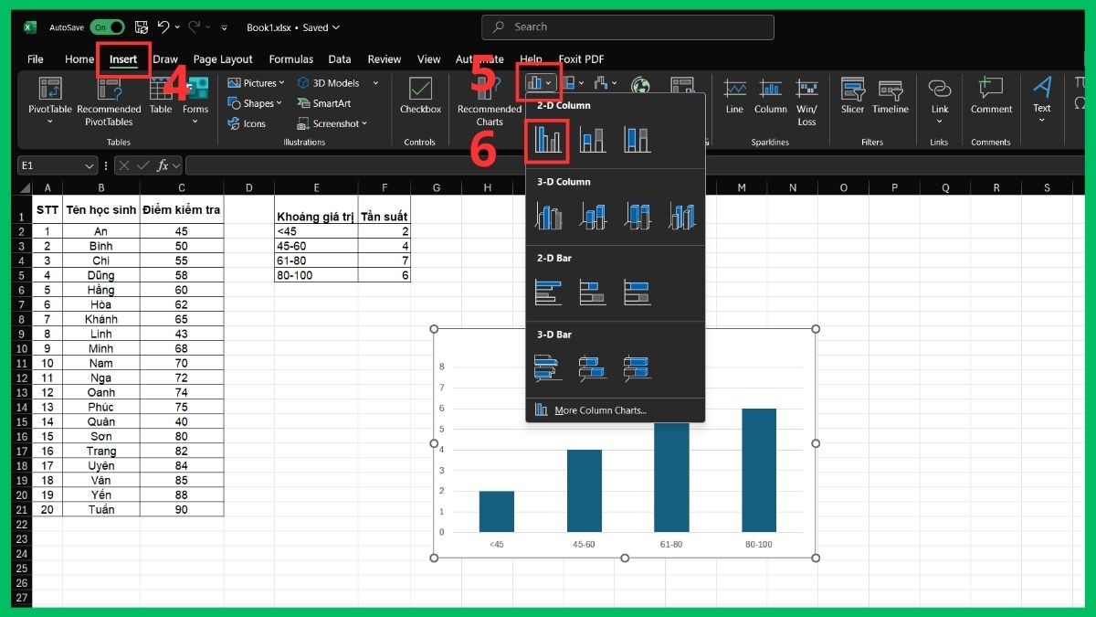 Vẽ biểu đồ Histogram bằng công thức Excel 4