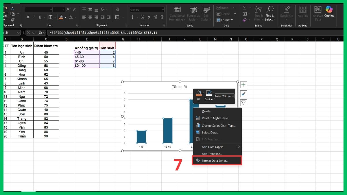 Vẽ biểu đồ Histogram bằng công thức Excel 5