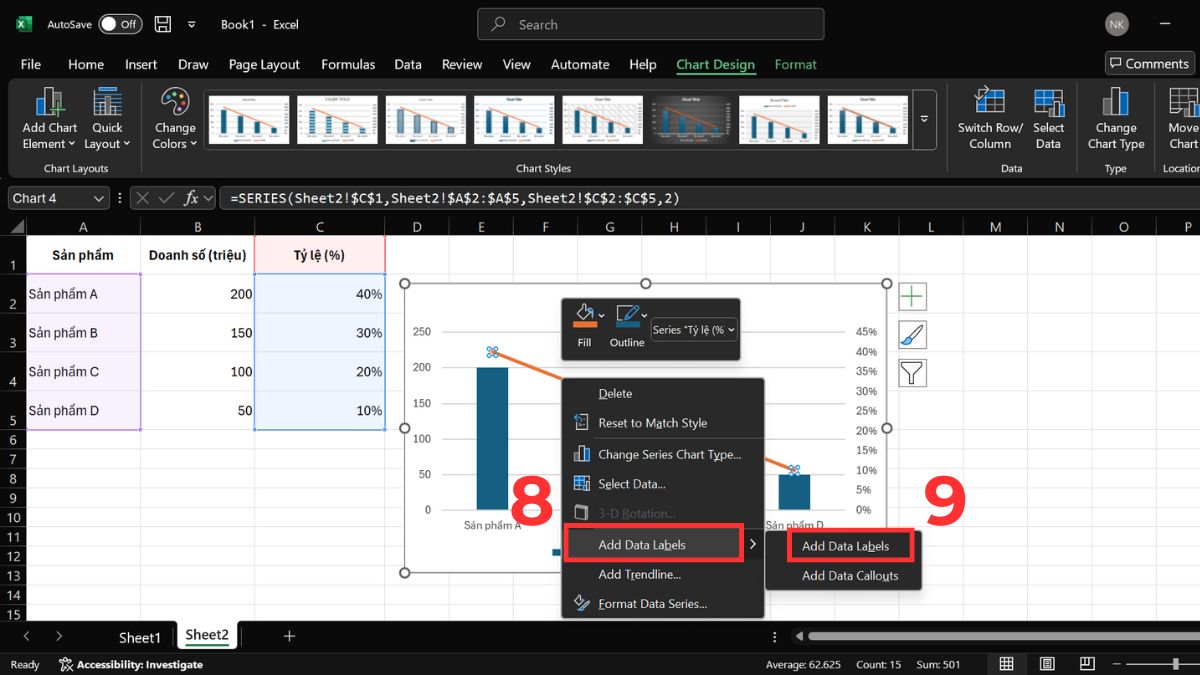 3 cách hiển thị phần trăm trên biểu đồ cột Excel dễ thực hiện 9