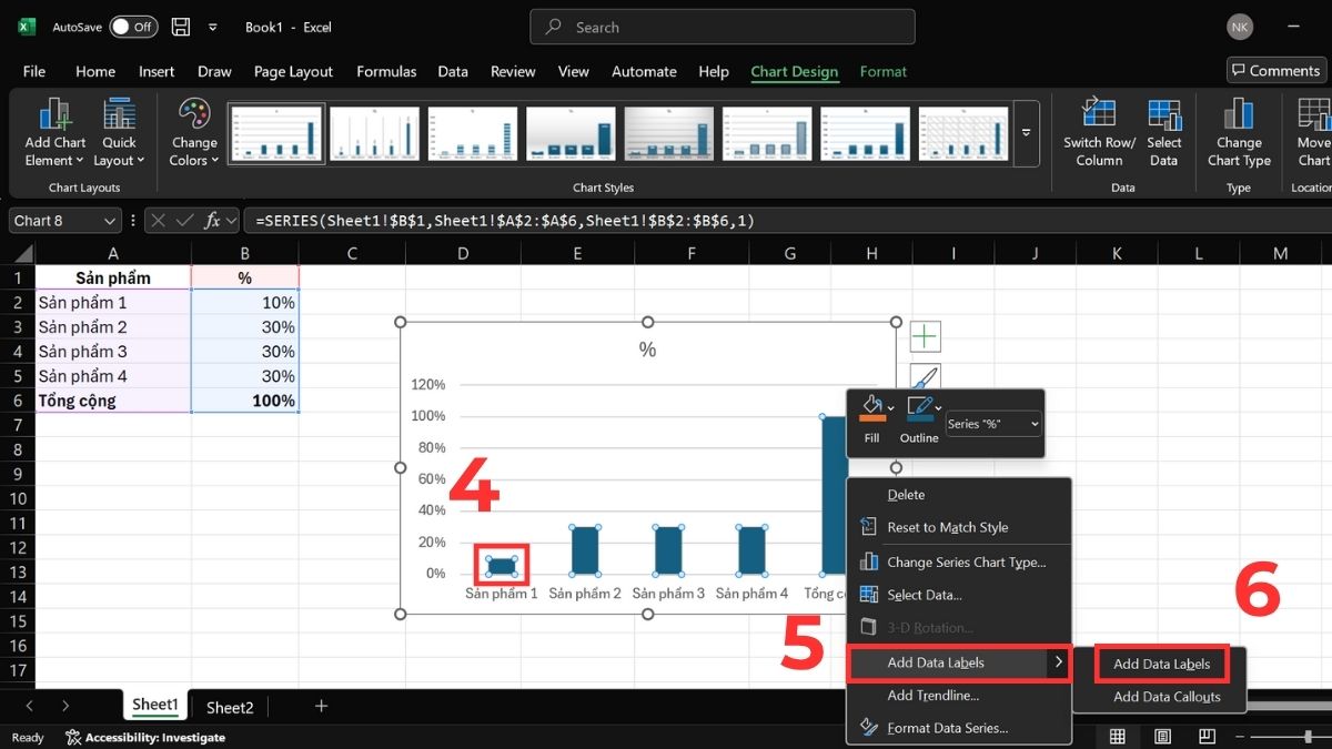 3 cách hiển thị phần trăm trên biểu đồ cột Excel dễ thực hiện 3